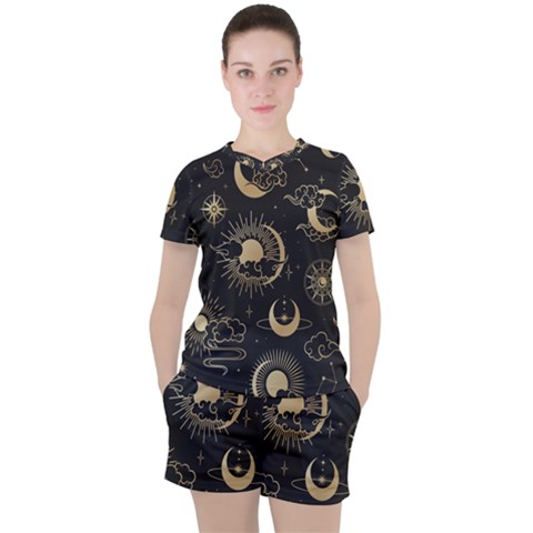 Asian-seamless-pattern-with-clouds-moon-sun-stars-vector-collection-oriental-chinese-japanese-korean Women s Tee And Shorts Set by Simbadda