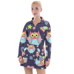 Owl-stars-pattern-background Women s Long Sleeve Casual Dress by Simbadda