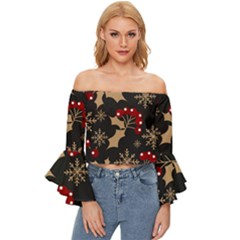 Christmas-pattern-with-snowflakes-berries Off Shoulder Flutter Bell Sleeve Top by Simbadda