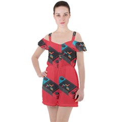 Gaming Console Video Ruffle Cut Out Chiffon Playsuit by Grandong