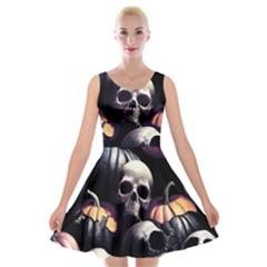 Halloween Party Skulls, Demonic Pumpkins Pattern Velvet Skater Dress by Casemiro