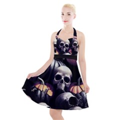 Halloween Party Skulls, Demonic Pumpkins Pattern Halter Party Swing Dress  by Casemiro