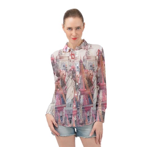 Vintage Landmarks Travel Long Sleeve Chiffon Shirt by Proyonanggan