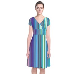 Color Stripes Short Sleeve Front Wrap Dress by Proyonanggan