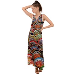 Art Background Bowl Ceramic Color V-neck Chiffon Maxi Dress by Proyonanggan