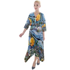 Colorful Aquatic Life Wall Mural Quarter Sleeve Wrap Front Maxi Dress by Proyonanggan