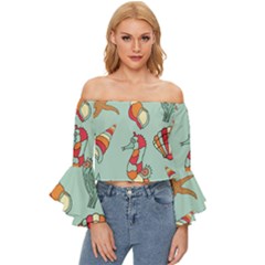 Seahorse Seashell Starfish Shell Off Shoulder Flutter Bell Sleeve Top by Proyonanggan