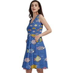 Sea Fish Blue Submarine Animal Sleeveless V-neck Skater Dress With Pockets by Proyonanggan