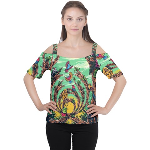 Monkey Tiger Bird Parrot Forest Jungle Style Cutout Shoulder Tee by Grandong