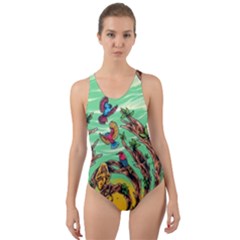 Monkey Tiger Bird Parrot Forest Jungle Style Cut-out Back One Piece Swimsuit by Grandong