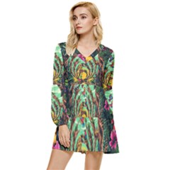 Monkey Tiger Bird Parrot Forest Jungle Style Tiered Long Sleeve Mini Dress by Grandong