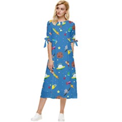 Space Rocket Solar System Pattern Bow Sleeve Chiffon Midi Dress by Bangk1t