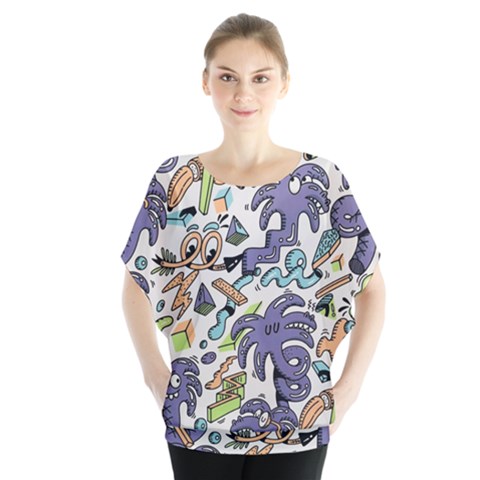 Purple Orange Green Blue Cartoon Batwing Chiffon Blouse by Bangk1t