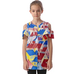 City Houses Cute Drawing Landscape Village Fold Over Open Sleeve Top by Bangk1t