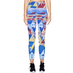 City Houses Cute Drawing Landscape Village Pocket Leggings  by Bangk1t