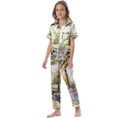 Trees Park Watercolor Lavender Flowers Foliage Kids  Satin Short Sleeve Pajamas Set by Bangk1t