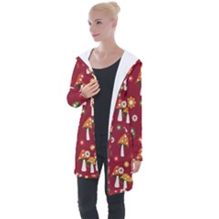 Woodland Mushroom And Daisy Seamless Pattern On Red Backgrounds Longline Hooded Cardigan by Amaryn4rt