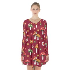 Woodland Mushroom And Daisy Seamless Pattern On Red Backgrounds Long Sleeve Velvet V-neck Dress by Amaryn4rt