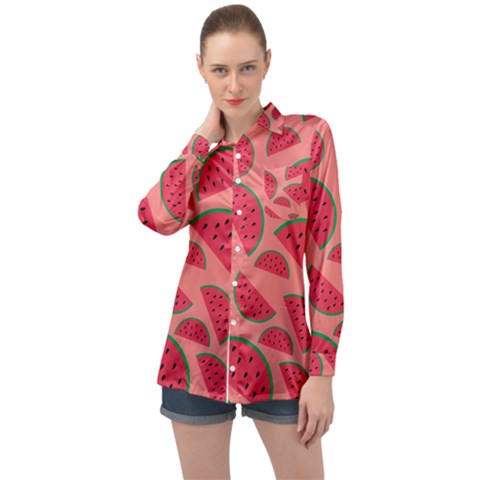 Watermelon Red Food Fruit Healthy Summer Fresh Long Sleeve Satin Shirt by pakminggu