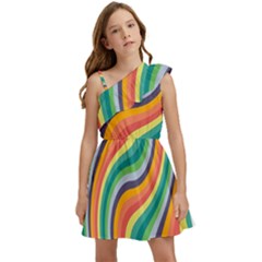 Swirl Twirl Rainbow Retro Kids  One Shoulder Party Dress by Ravend