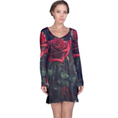 Rose Flower Plant Red Long Sleeve Nightdress by Ravend