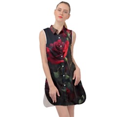 Rose Flower Plant Red Sleeveless Shirt Dress by Ravend