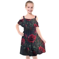 Rose Flower Plant Red Kids  Cut Out Shoulders Chiffon Dress by Ravend