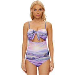 Lavender Flower Tree Knot Front One-piece Swimsuit by Ravend