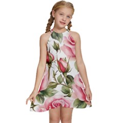 Flower Rose Pink Kids  Halter Collar Waist Tie Chiffon Dress by Ravend