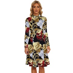 Roses Seamless Pattern Long Sleeve Shirt Collar A-line Dress by Grandong