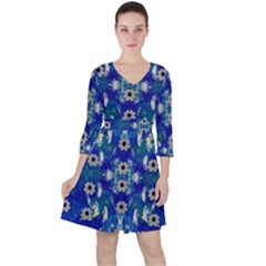 Oilpainting Blue Flowers In The Peaceful Night Quarter Sleeve Ruffle Waist Dress by pepitasart