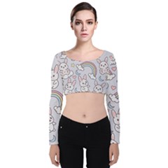 Seamless-pattern-with-cute-rabbit-character Velvet Long Sleeve Crop Top by pakminggu