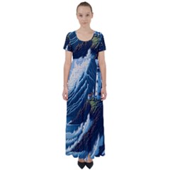 Lighthouse Sea Waves High Waist Short Sleeve Maxi Dress by uniart180623