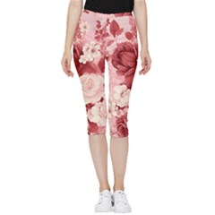 Red Pink Flower Petal Leaves Inside Out Lightweight Velour Capri Leggings  by pakminggu