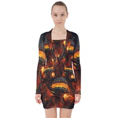 Dragon Art Fire Digital Fantasy V-neck Bodycon Long Sleeve Dress by Bedest