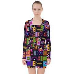 Abstract A Colorful Modern Illustration--- V-neck Bodycon Long Sleeve Dress by Bedest