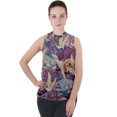 Textile-fabric-cloth-pattern Mock Neck Chiffon Sleeveless Top by Bedest