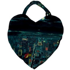 Night Black City Neon Sky Stars Moon Abstract Giant Heart Shaped Tote by Cowasu