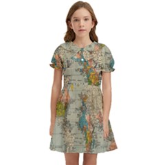 Vintage World Map Kids  Bow Tie Puff Sleeve Dress by pakminggu