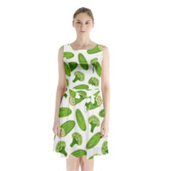 Vegetable Pattern With Composition Broccoli Sleeveless Waist Tie Chiffon Dress by pakminggu