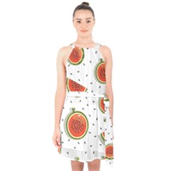 Seamless Background Pattern With Watermelon Slices Halter Collar Waist Tie Chiffon Dress by pakminggu