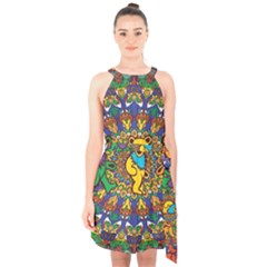 Dead Dancing Bears Grateful Dead Pattern Halter Collar Waist Tie Chiffon Dress by Grandong