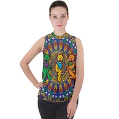 Dead Dancing Bears Grateful Dead Pattern Mock Neck Chiffon Sleeveless Top by Grandong