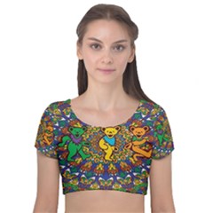 Dead Dancing Bears Grateful Dead Pattern Velvet Short Sleeve Crop Top  by Grandong