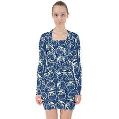 Cute Seamless Owl Background Pattern V-neck Bodycon Long Sleeve Dress by Bedest