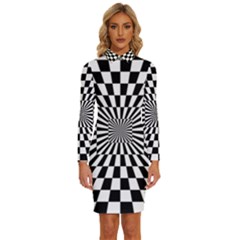 Optical-illusion-chessboard-tunnel Long Sleeve Shirt Collar Bodycon Dress by Bedest