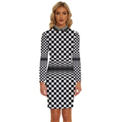 Art-optical-black-white-contrast Long Sleeve Shirt Collar Bodycon Dress by Bedest