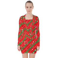 Christmas-paper-star-texture     - V-neck Bodycon Long Sleeve Dress by Bedest