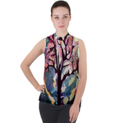 Tree-moon-night-sky-landscape Mock Neck Chiffon Sleeveless Top by Bedest