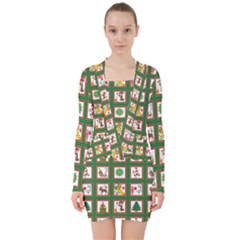 Christmas-paper-christmas-pattern V-neck Bodycon Long Sleeve Dress by Bedest